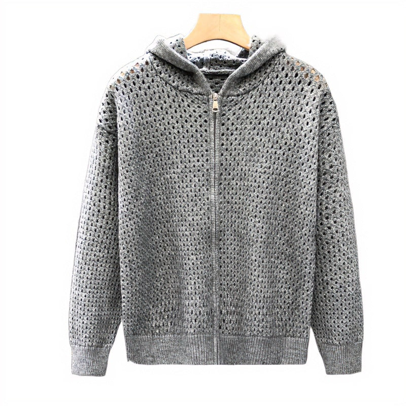 Unisex Leichte Lochstrick-Kapuzenzipjacke mit Ajourmuster Shop Nory