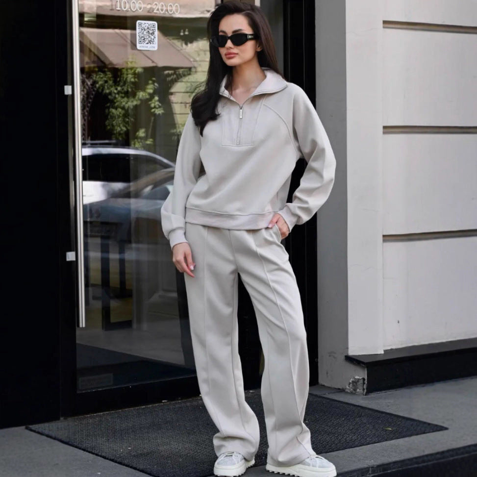 Damen Oversize-Halbreißverschluss-Sweatshirt mit weit geschnittener hochgeschnittener Palazzo-Hose Shop Nory