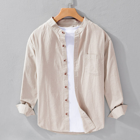 Herren Hemdjacke im Mandarinstil aus Baumwoll-Twill, Relaxed-Fit, mit aufgesetzter Brusttasche und Holzknöpfen Shop Nory