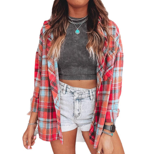 Damen Oversize kariertes Flanellhemd mit Brusttaschen und lässigem Schnitt Shop Nory