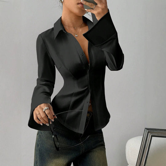 Damen Taillierte Satin-Bluse mit formenden Teilungsnähten und weiten Manschetten Shop Nory