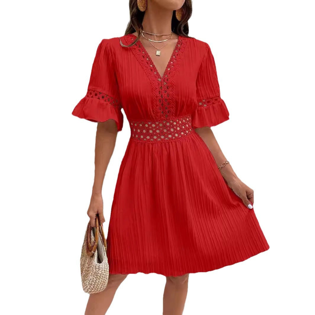 Damen Midikleid mit Plissee, Spitzeneinsatz in der Taille und Volantärmeln Shop Nory