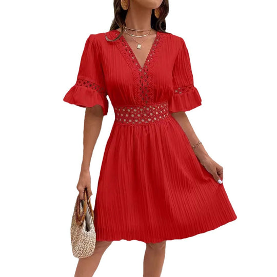 Damen Midikleid mit Plissee, Spitzeneinsatz in der Taille und Volantärmeln Shop Nory
