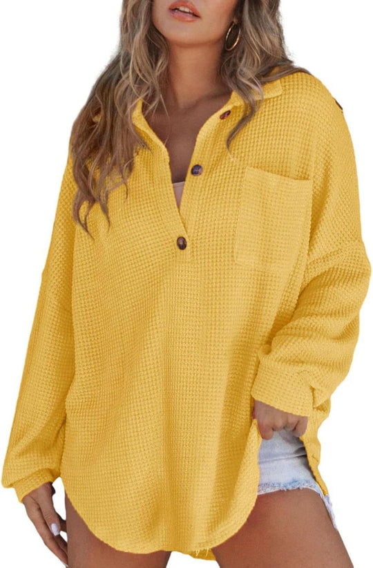 Damen Oversize Waffel-Strick Hemdtunika mit Brusttasche und Holzknöpfen Shop Nory