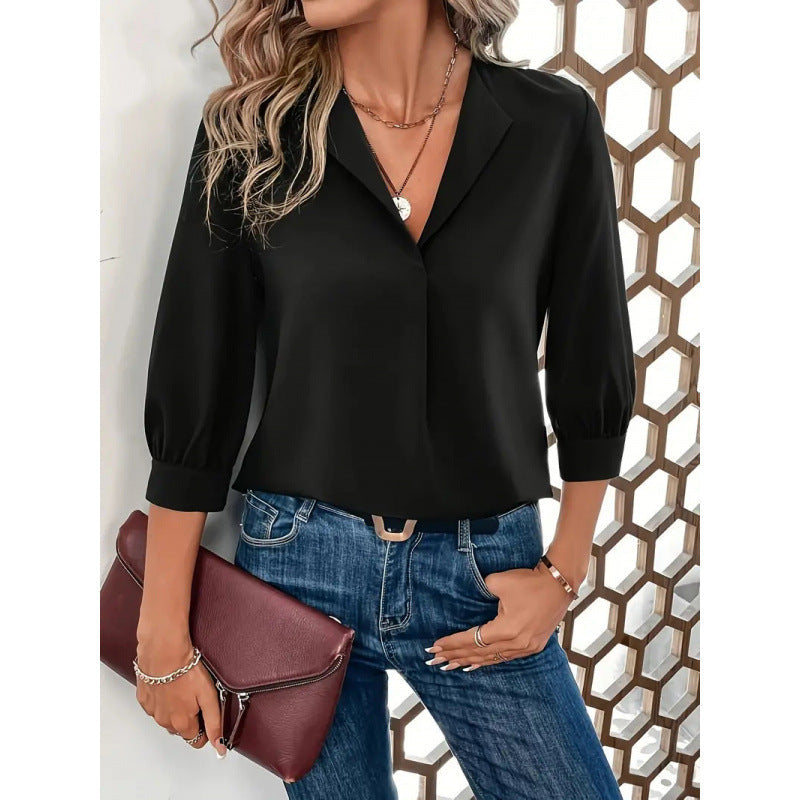 Damen Elegante ViskosShopnoryluse mit 3/4-Ärmeln und V-Ausschnitt