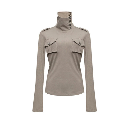 Damen Troyer-Top mit hohem Umschlagkragen, Brustklappen und Schulterriegel Shop Nory