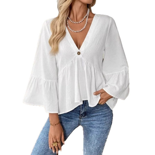 Damen nan elegante Empire-Bluse mit V-Ausschnitt, geraffter Brustnaht und Glockenärmeln Shop Nory