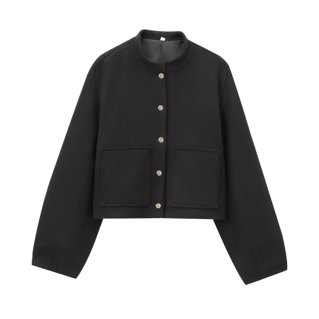 Damen Cropped Wollboxy‑Jacke mit kurzem Stehkragen und aufgesetzten Taschen Shop Nory