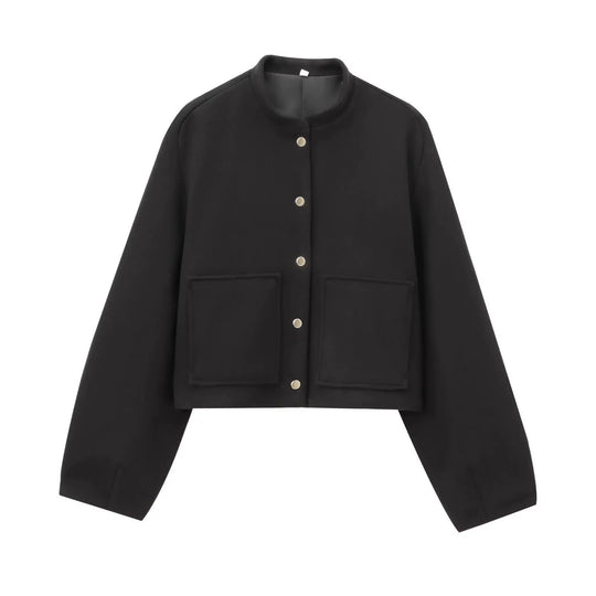 Damen Cropped Wollboxy‑Jacke mit kurzem Stehkragen und aufgesetzten Taschen Shop Nory