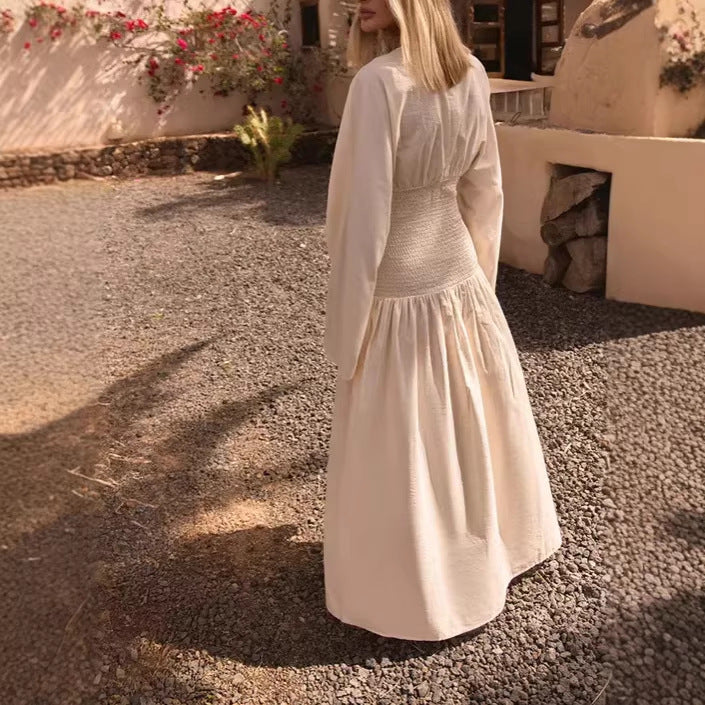 Damen Langes Boho-Maxi-Kleid mit Smock-Taillenband, tiefem V‑Ausschnitt und weiten Ballonärmeln Shop Nory
