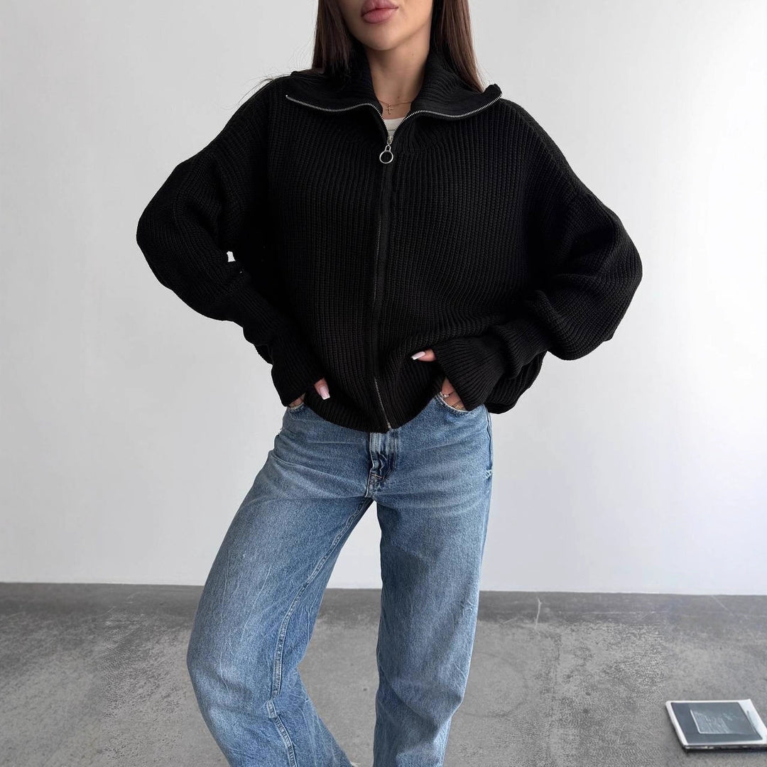 Damen Grobstrick-Zipper-Cardigan mit Ballonärmeln und Stehkragen Shop Nory