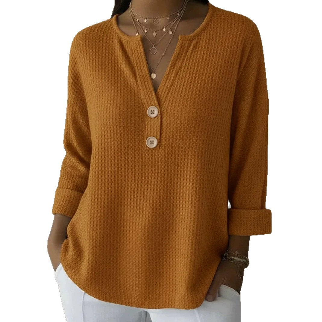 Damen nan Waffelstruktur Henley-Shirt mit V-Ausschnitt kurze Knopfleiste und krempelbaren 3/4-Ärmeln Shop Nory