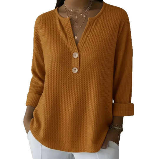 Damen nan Waffelstruktur Henley-Shirt mit V-Ausschnitt kurze Knopfleiste und krempelbaren 3/4-Ärmeln Shop Nory