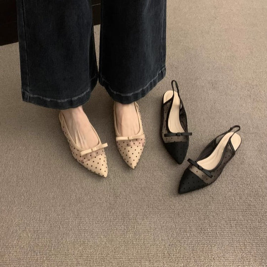 Damen Spitz zulaufende Slingback-Ballerinas mit gepunktetem Mesh und Zierschleife Shop Nory
