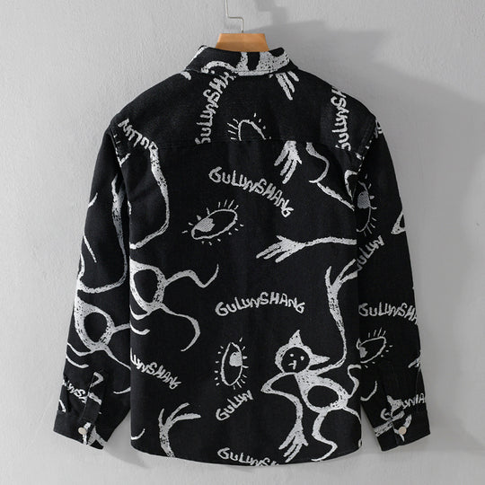 Herren Overshirt mit grafischem Doodle‑Print, Druckknopfverschluss und Brusttasche Shop Nory