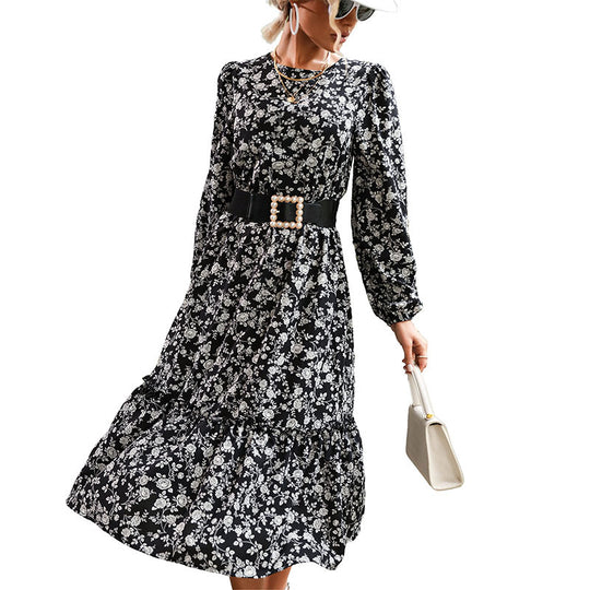 Damen Midikleid mit taillierter Silhouette, Perlen-Schnallen-Gürtel und Stufenrock Shop Nory