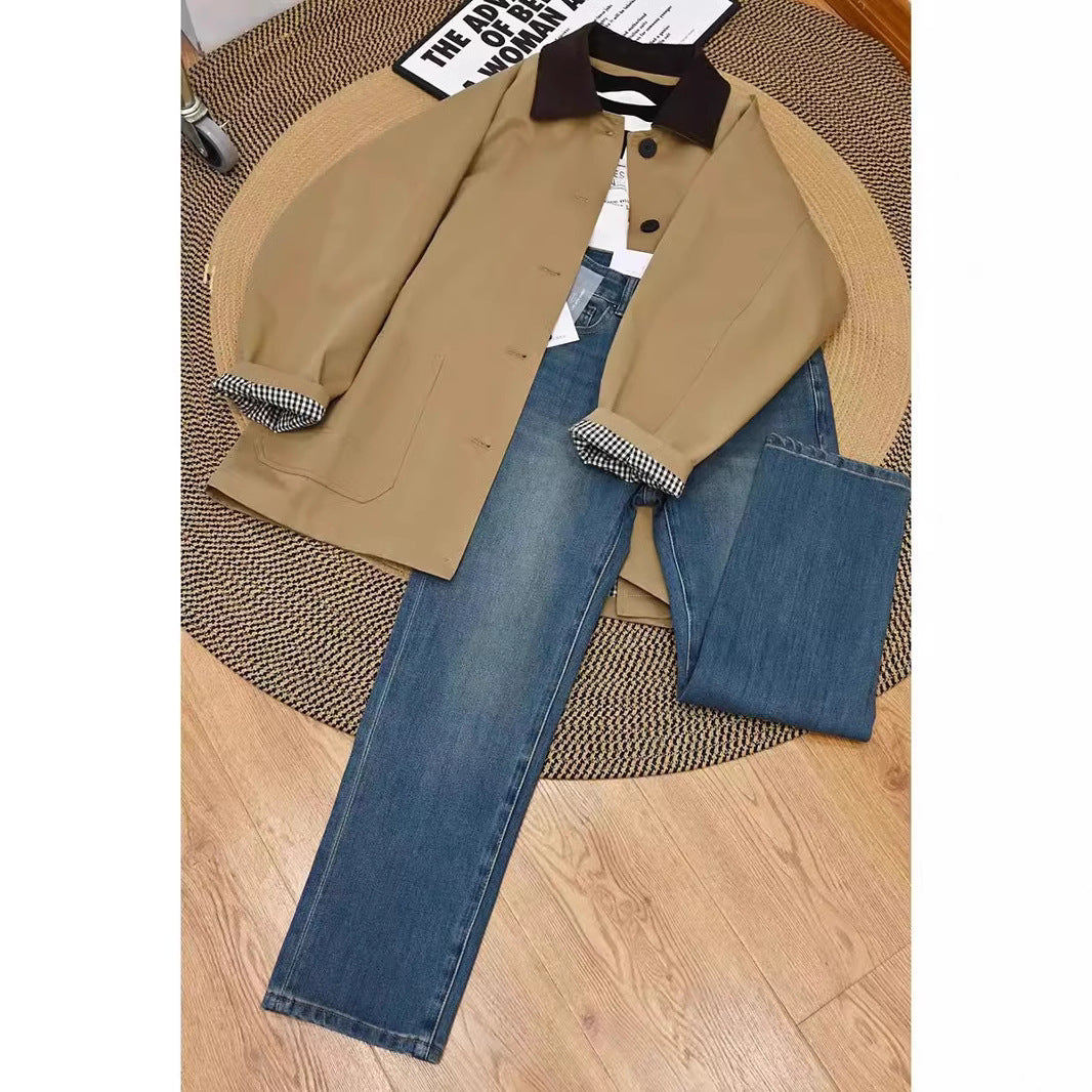 Damen Lässige Oversized-Jacke mit Kontrastkragen Shop Nory