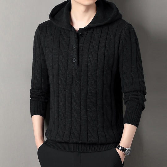 Herren Feinstrick-Kapuzenpullover mit Zopfmuster, Halbknopfblende und Kordelzug Shop Nory