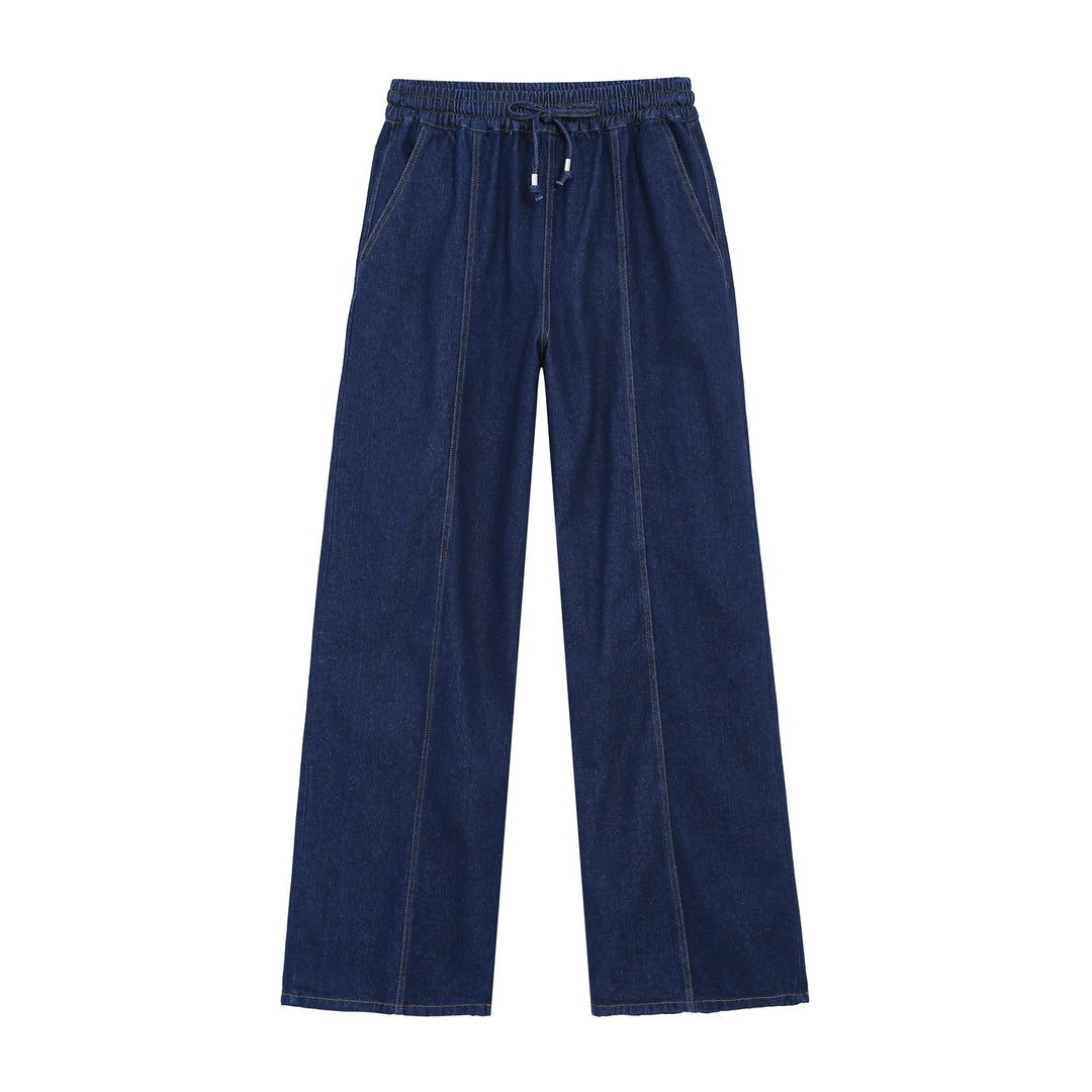 Damen Weite High‑Waist Jeanshose mit elastischem Bund, Tunnelzug und sichtbarer Bügelfalte Shop Nory