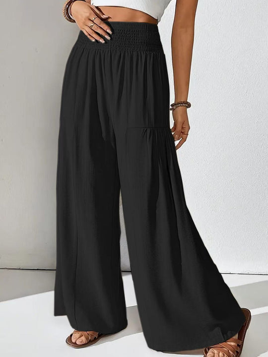 Damen weite Palazzo-Hose mit gerafftem Smock-Bund und Stufendetails Shop Nory