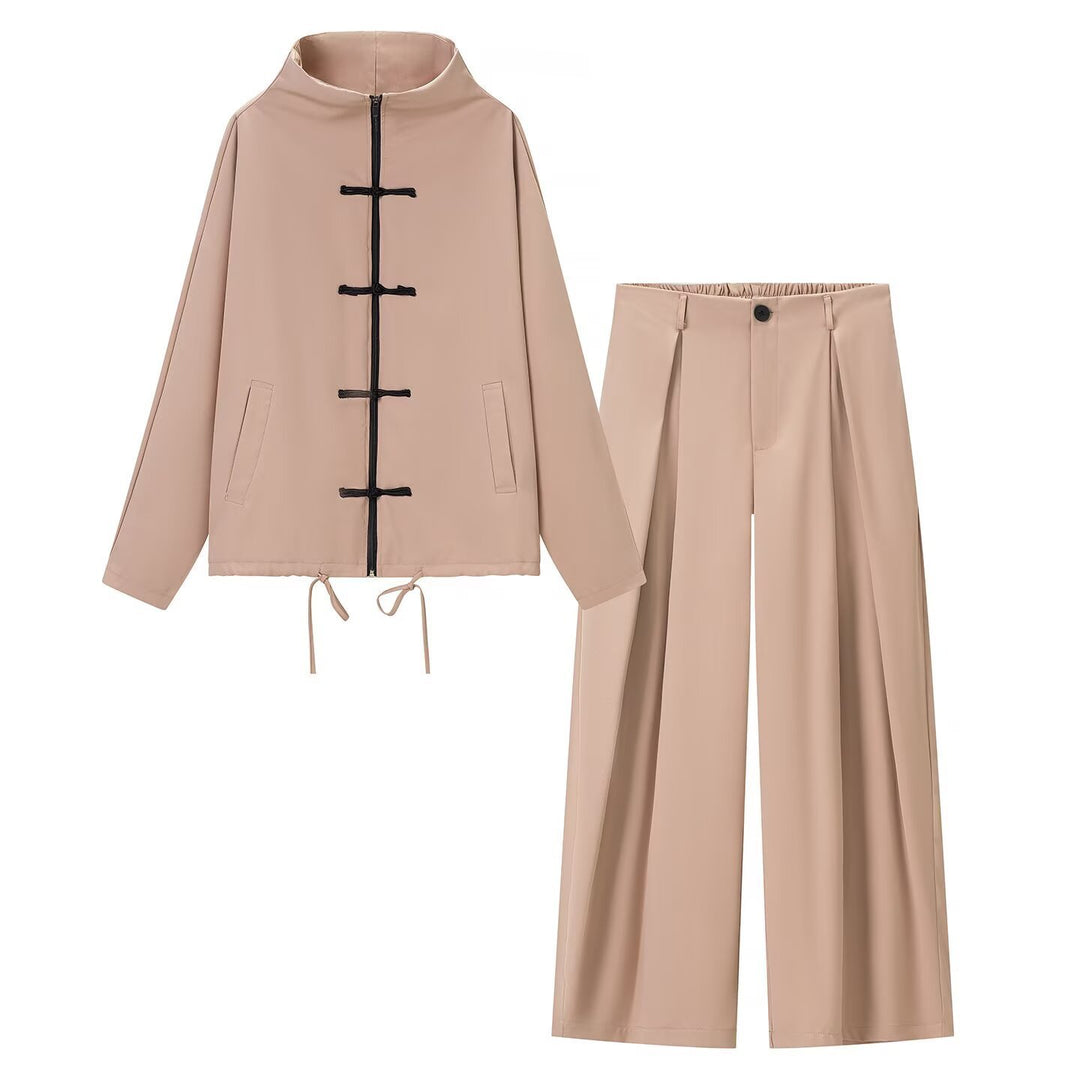 Damen leichte Boxy-Jacke mit Stehkragen, Zipper-Front, Kordelzug und dekorativen Knotenverschlüssen Shop Nory