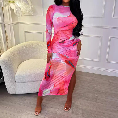 Damen Figurbetontes Maxikleid aus Mesh mit Langarm, seitlichem Beinschlitz und abstraktem Print Shop Nory