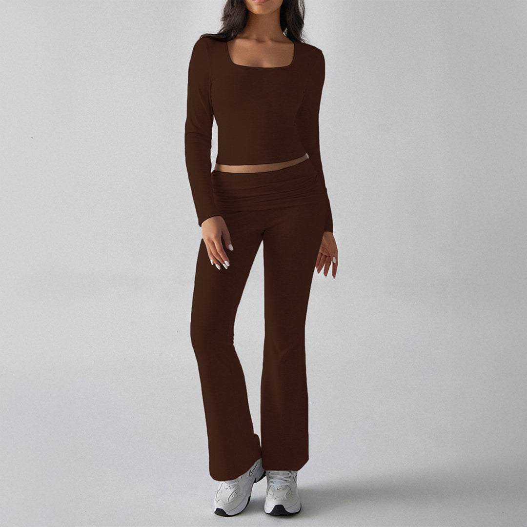 Damen nan figurbetontes Cropped-Set mit langärmeligem Top mit quadratischem Ausschnitt und ausgestellter High‑Waist Yoga-Hose Shop Nory
