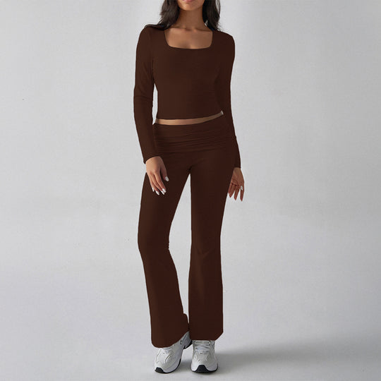 Damen nan figurbetontes Cropped-Set mit langärmeligem Top mit quadratischem Ausschnitt und ausgestellter High‑Waist Yoga-Hose Shop Nory