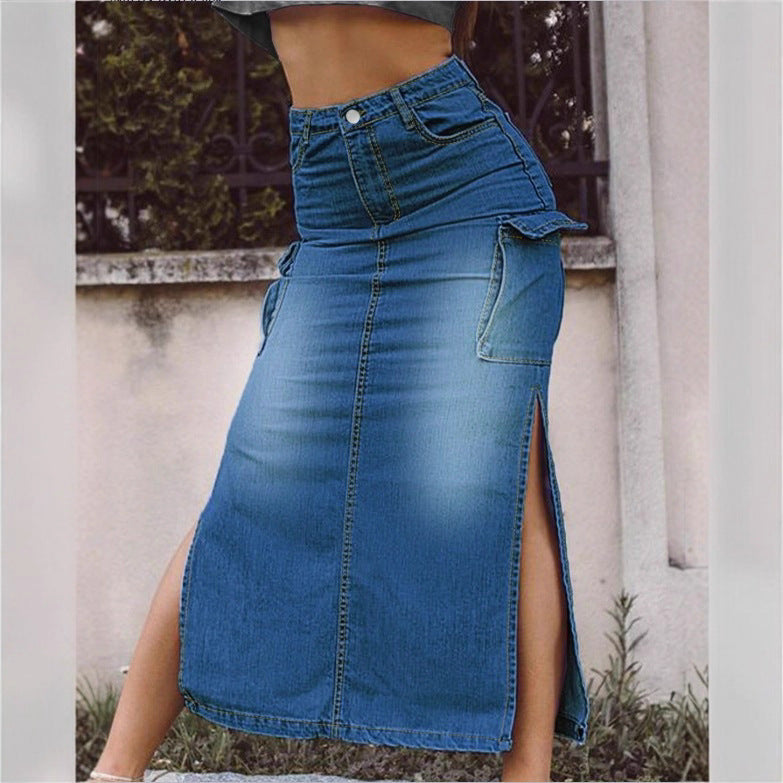 Damen Hochtaillierter Denim-Midirock mit Cargo‑Taschen, seitlichen Beinschlitzen und taillenbetonendem Schnitt Shop Nory