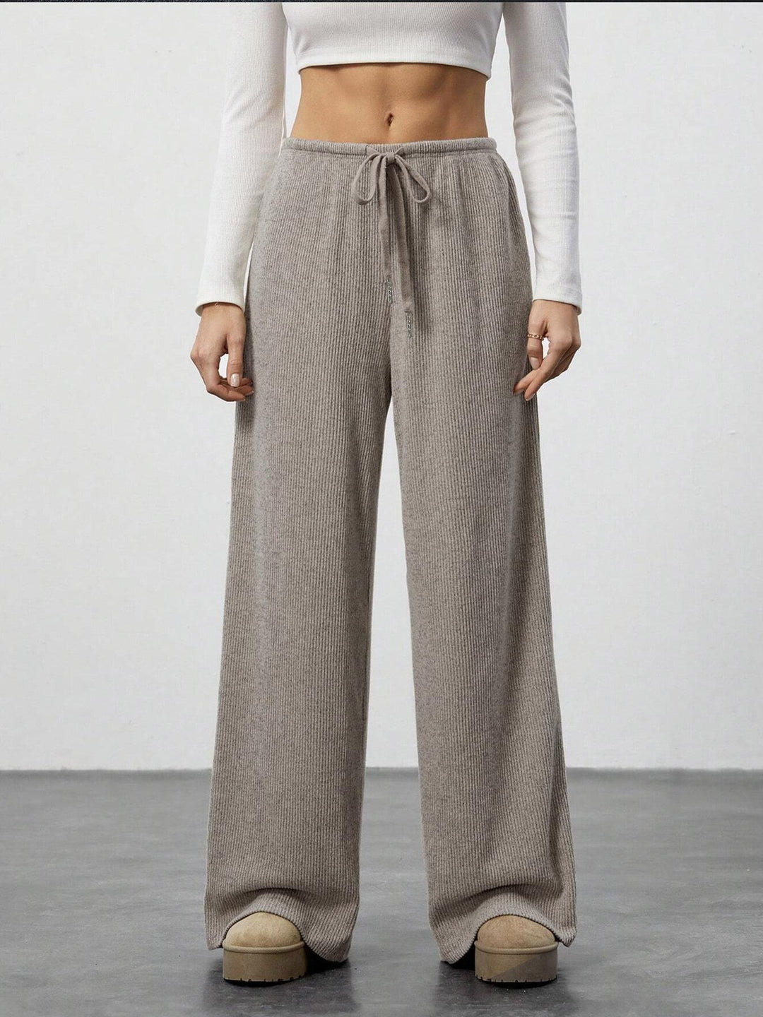 Damen Weiche Rippstrick Loungehose mit weitem Bein und Kordelzug Shop Nory
