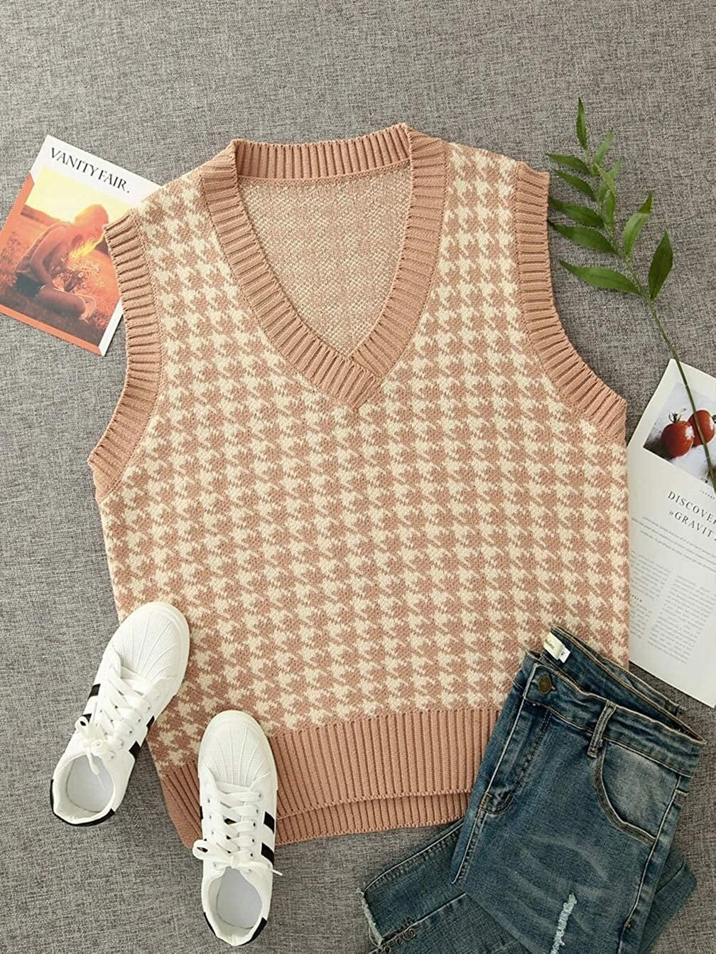 Damen ärmellose Strickweste mit modernem Hahnentrittmuster