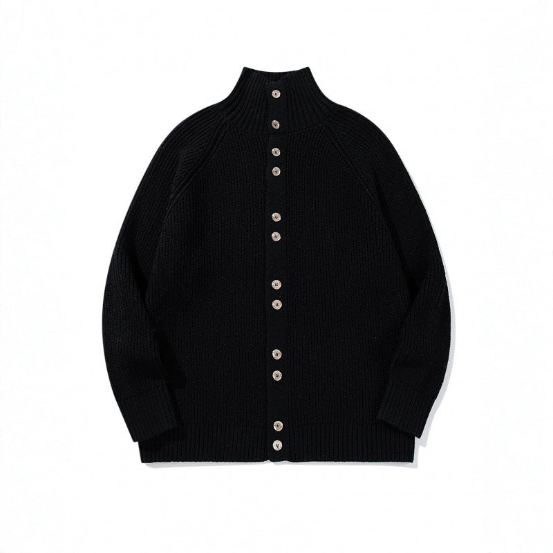 Herren grobgestrickter Knopfcardigan mit hohem Rollkragen und Raglanärmeln Shop Nory