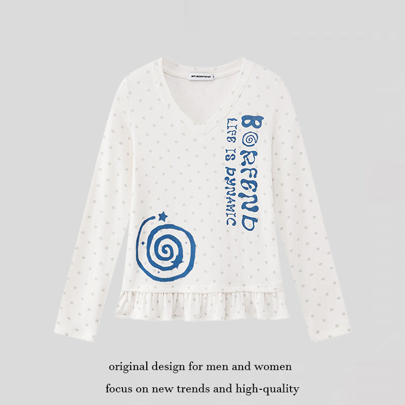 Damen Langarmshirt mit V-Ausschnitt, Rüschen-Saum und grafischem Spiralmotiv Shop Nory