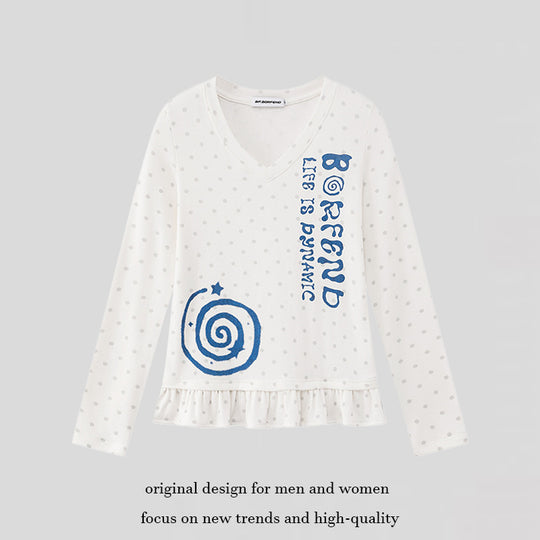 Damen Langarmshirt mit V-Ausschnitt, Rüschen-Saum und grafischem Spiralmotiv Shop Nory