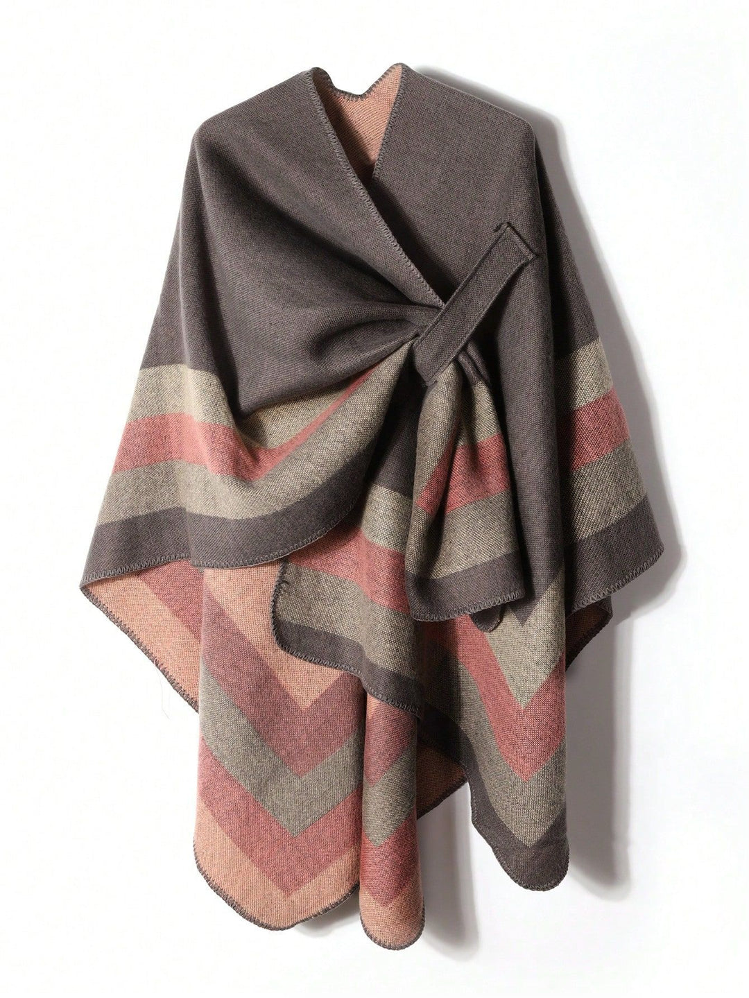 Damen Offener Strick‑Cape‑Poncho mit kontrastierenden Blockstreifen und Zierstich Shop Nory