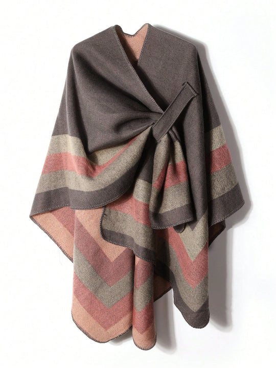 Damen Offener Strick‑Cape‑Poncho mit kontrastierenden Blockstreifen und Zierstich Shop Nory