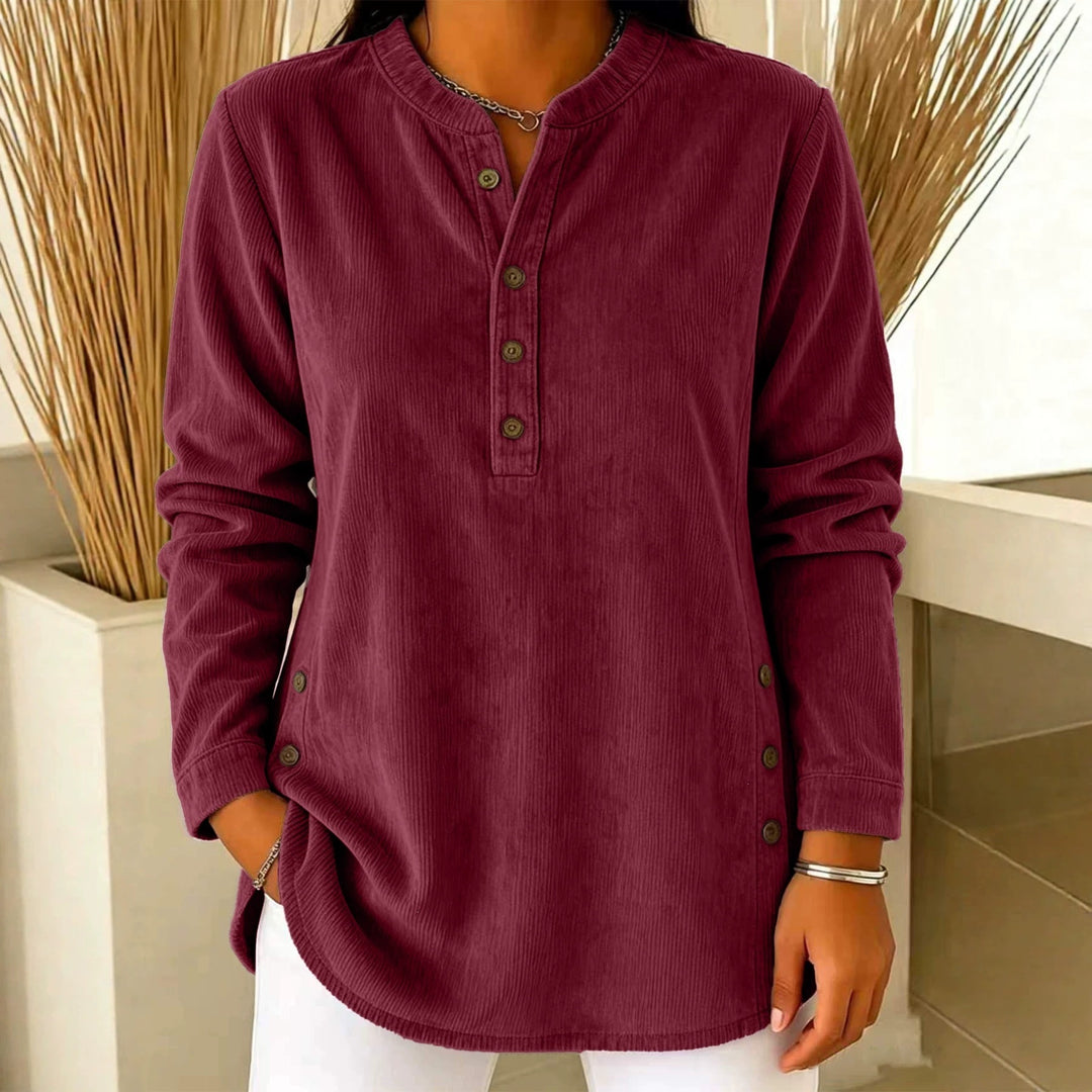 Damen Lässige Cordoptik‑Tunika mit Henley‑Kragen und Seitenknöpfen Shop Nory