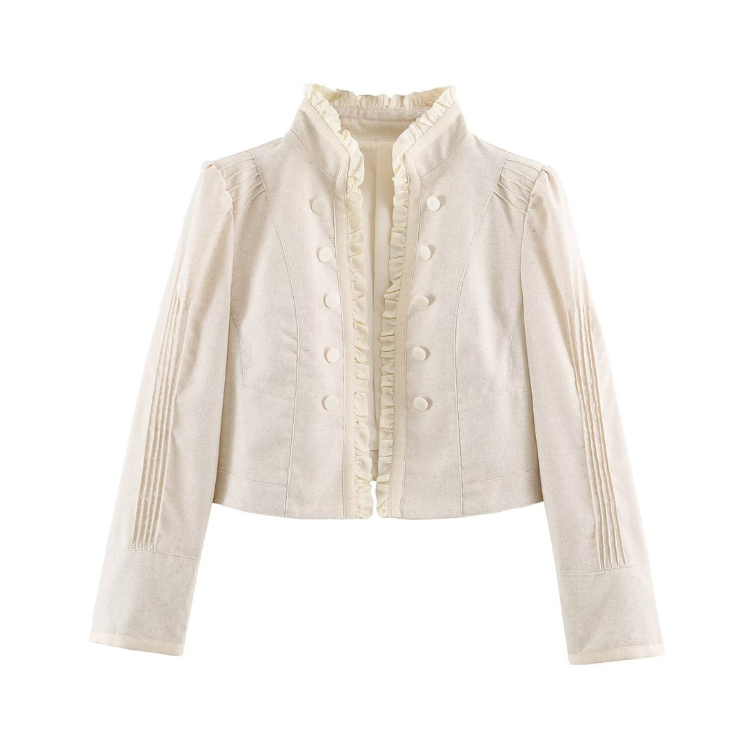 Damen Gekürzte taillierte Jacke mit Stehkragen Rüschenblende und Zierknöpfen Shop Nory