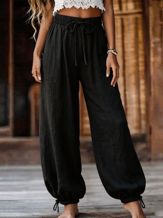 Damen Leichte Leinenhose mit weitem Bein und elastischem Bund Shop Nory