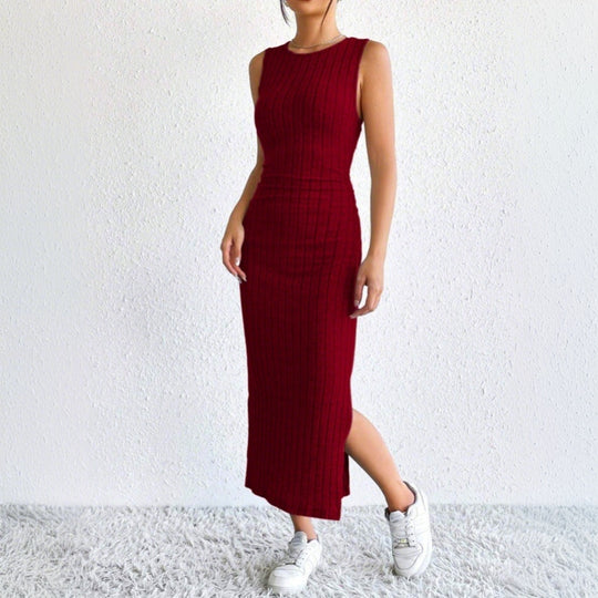 Damen geripptes Midikleid mit figurformendem Bustieroberteil hohem Seitenschlitz und passendem Longcardigan aus Feinstrick Shop Nory