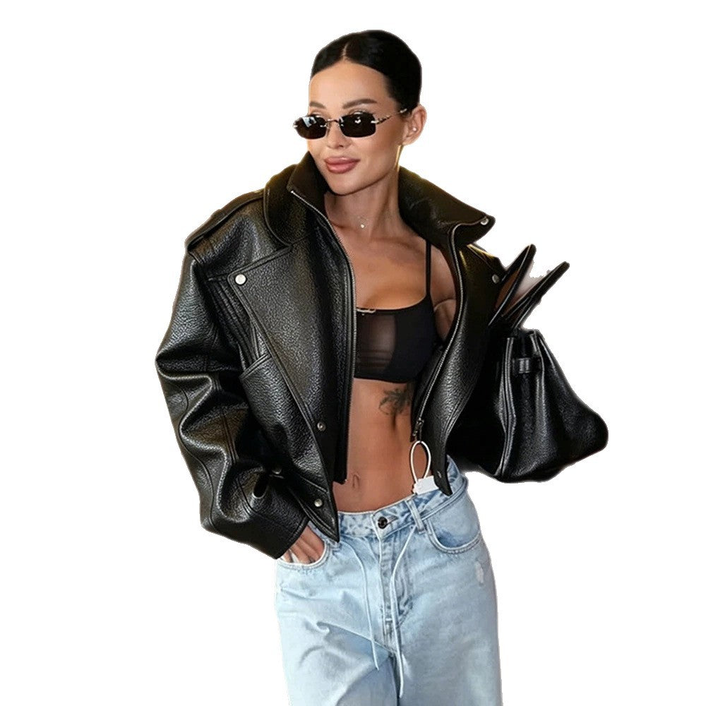 Damen Kurz geschnittene strukturierte Bikerjacke aus Kunstleder Shop Nory