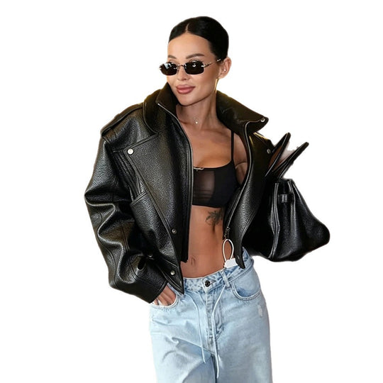 Damen Kurz geschnittene strukturierte Bikerjacke aus Kunstleder Shop Nory