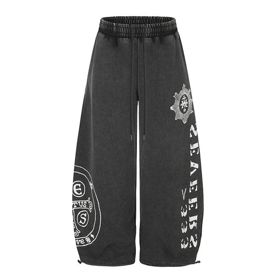Damen Weite Mid‑Calf Palazzo‑Sweathose mit verstellbarem Saum, Tunnelzugbund und Statement‑Print Shop Nory