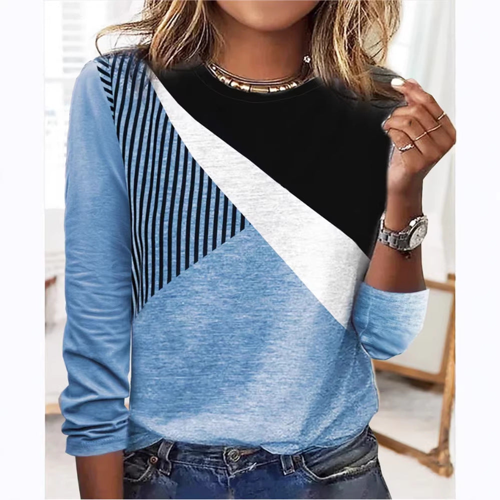 Damen Farbblock Langarmshirt mit schrägem Streifenmuster und Rundhalsausschnitt Shop Nory