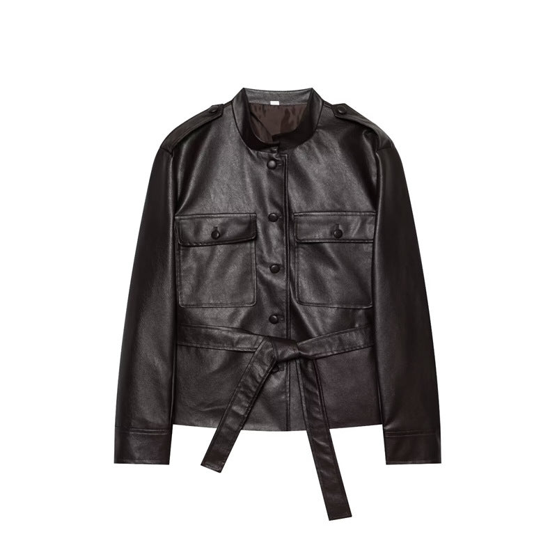 Damen Taillierter Kunstleder-Safari-Blouson mit Bindegürtel und Pattentaschen Shop Nory