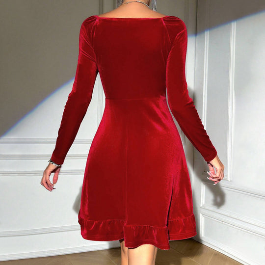 Damen Samt-Cocktailkleid mit Wickel-Bustier taillierter Empire-Passform und Volant-Saum Shop Nory