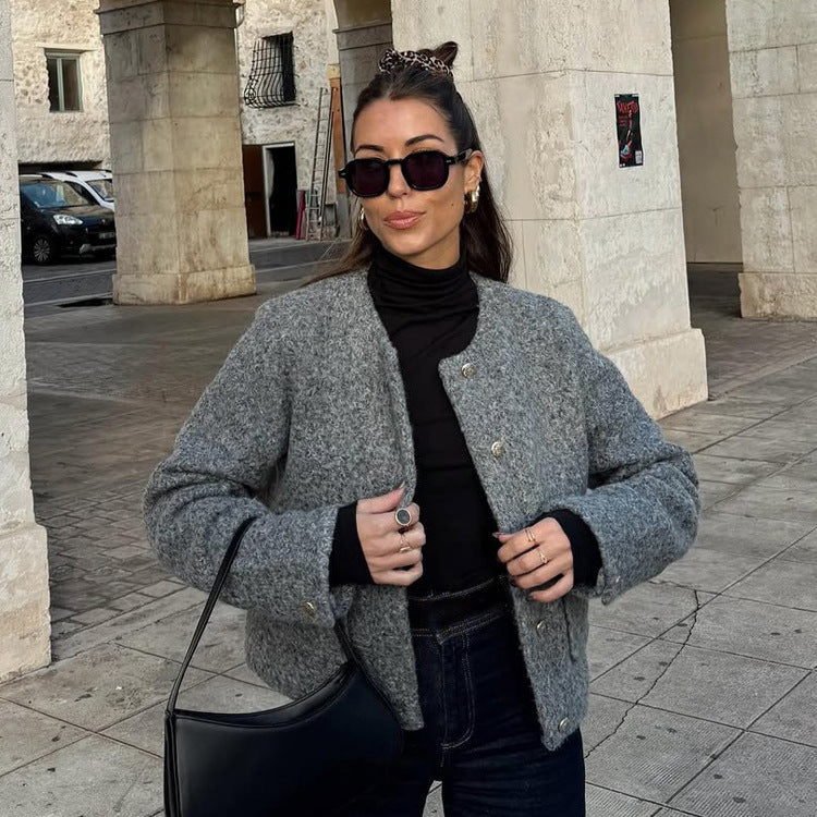 Damen Boxy Wollmix-Boucléjacke im Cabanstil mit Rundhalsausschnitt & goldfarbenen Zierknöpfen Shop Nory