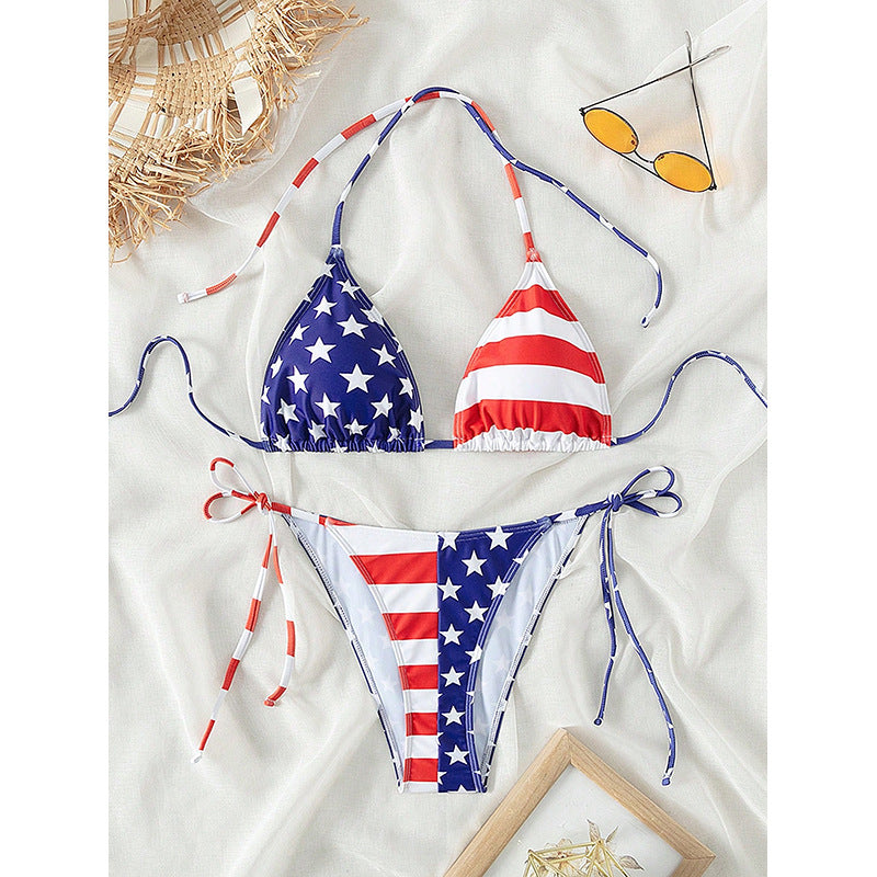 Damen Triangel-Bikini mit verstellbaren Schleifen und patriotischem Design
