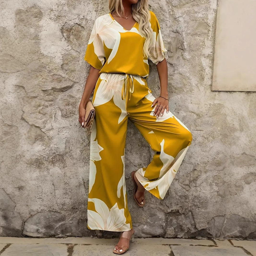 Damen luftiger Hosenanzug mit floralem Print und elastischem Bund