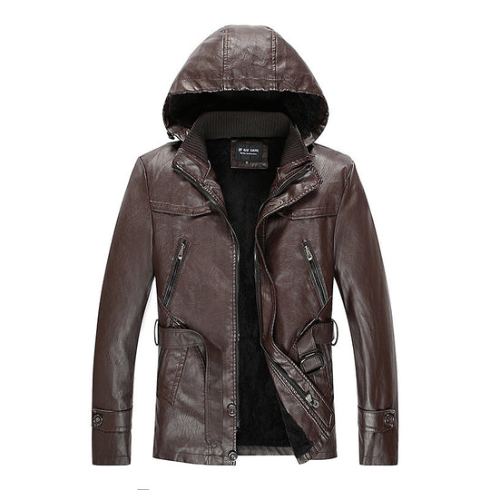 Herren gefütterte Kunstlederjacke mit Kapuze, warmem Teddyfutter und Gürteldetail Shop Nory